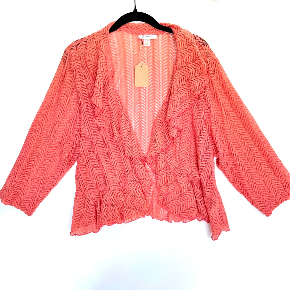 Dressbarn Coral Lace Cardigan Ruffle Open Front Stretch Lightweight Size 18